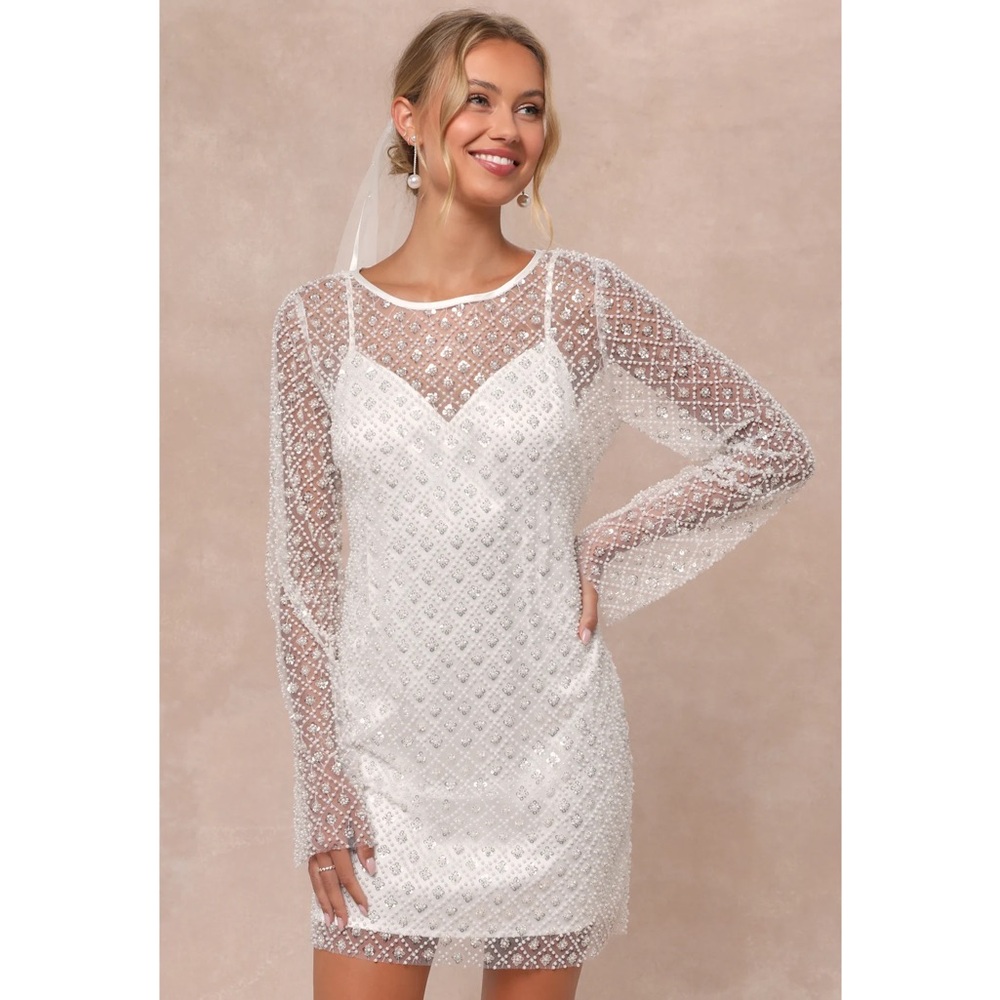 NWOT Lulu’s Glowing Charisma White Sequin Pearl Mesh Long Sleeve Mini Dress Chic - Picture 6 of 13